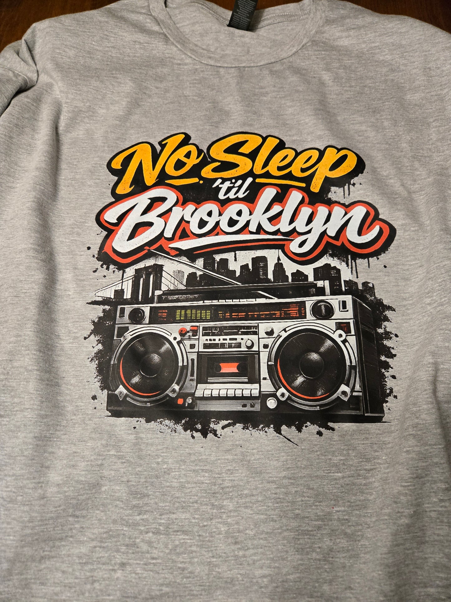 No Sleep Til Brooklyn Boombox Tee, Retro 80s Hip Hop Graphic, NYC Skyline Streetwear