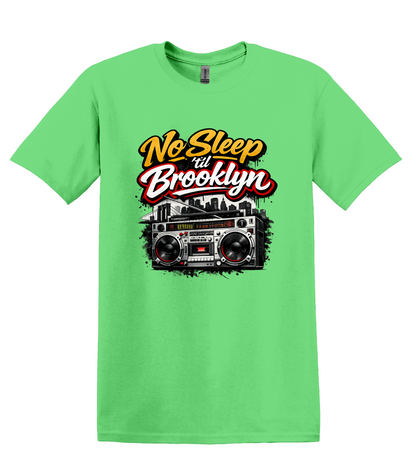 No Sleep Til Brooklyn Boombox Tee, Retro 80s Hip Hop Graphic, NYC Skyline Streetwear