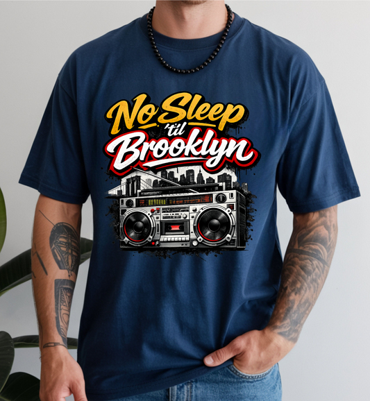 No Sleep Til Brooklyn Boombox Tee, Retro 80s Hip Hop Graphic, NYC Skyline Streetwear