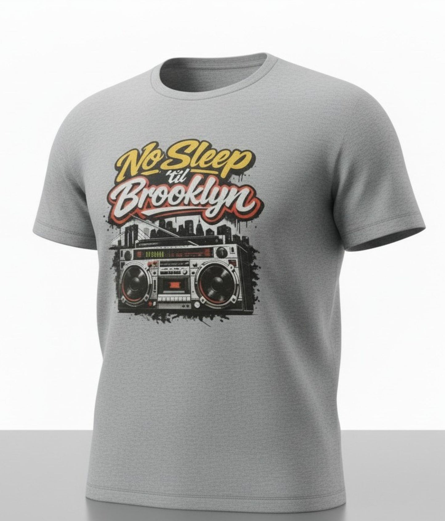 No Sleep Til Brooklyn Boombox Tee, Retro 80s Hip Hop Graphic, NYC Skyline Streetwear