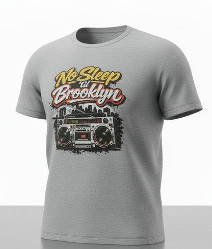 No Sleep Til Brooklyn Boombox Tee, Retro 80s Hip Hop Graphic, NYC Skyline Streetwear