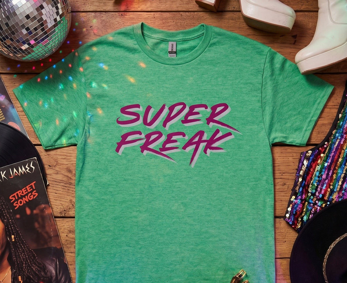 Super Freak 80s Retro Lyric Tee, Bold Neon Script Unisex Shirt