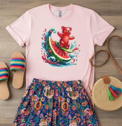 Gummy Bear Surf T-Shirt, Watermelon Graphic Tee, Retro Candy Lover Top