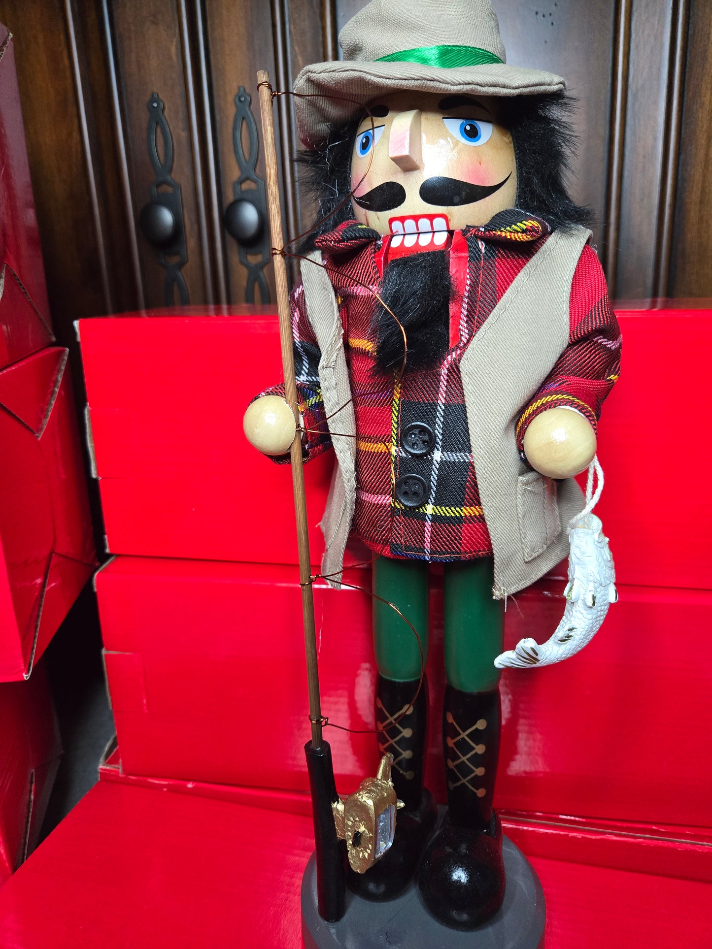 Wooden Bass Fisherman Nutcracker – Fishing Rod, Bass Detail, Cabin Decor