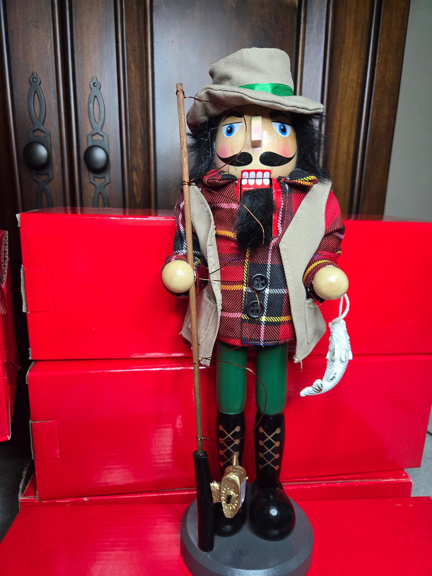 Wooden Bass Fisherman Nutcracker – Fishing Rod, Bass Detail, Cabin Decor