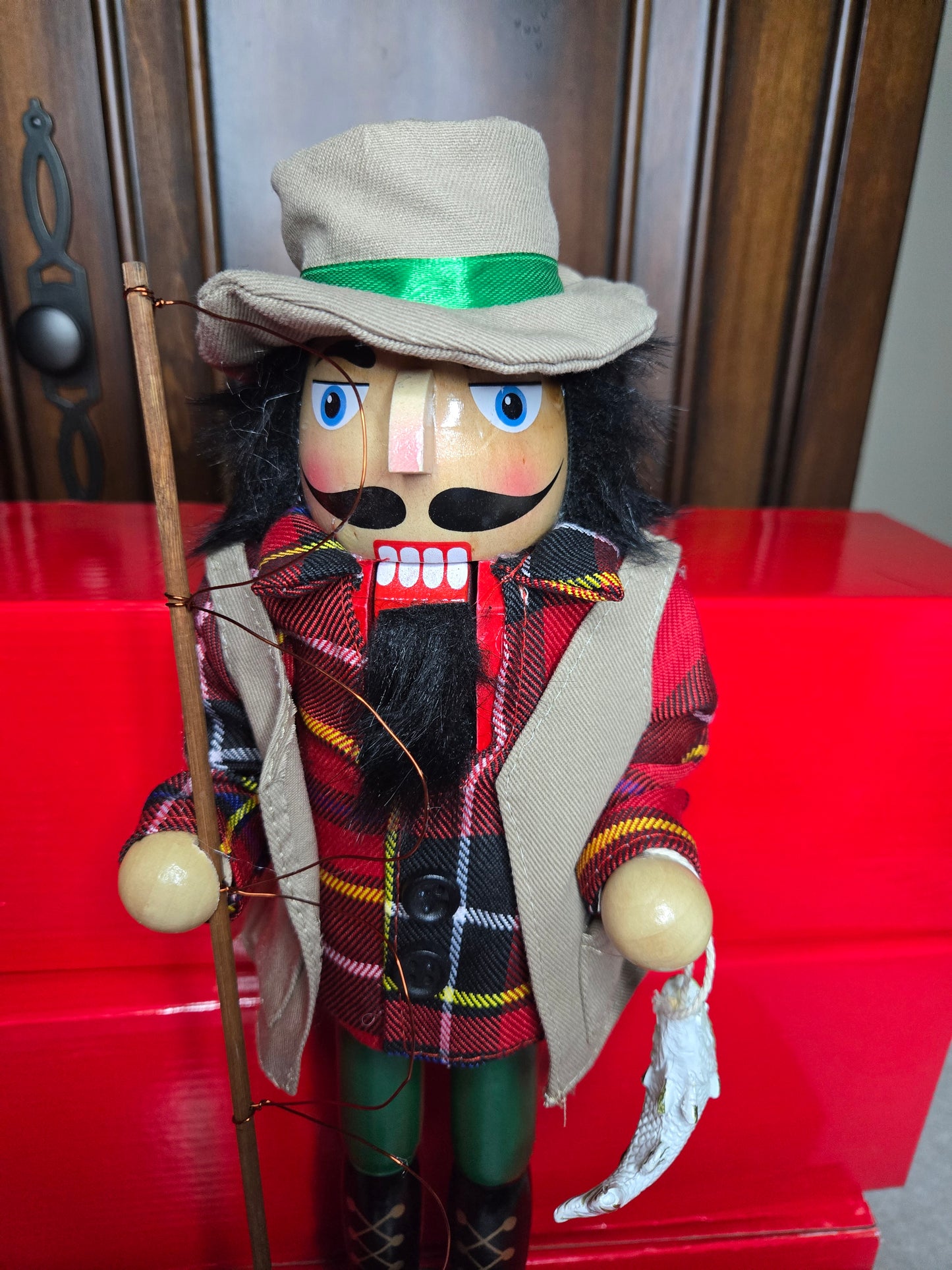 Wooden Bass Fisherman Nutcracker – Fishing Rod, Bass Detail, Cabin Decor