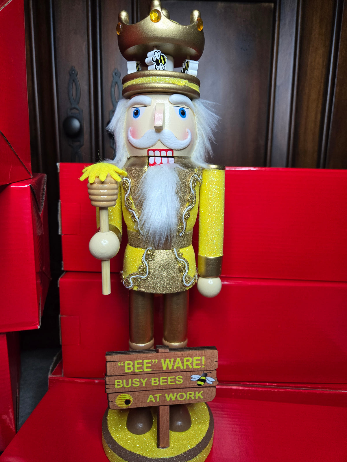Bee Nutcracker 14 Inch, Busy Bees at Work Farmhouse Christmas Decor, Glitter Gold Figurine