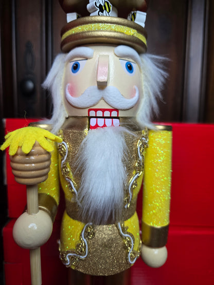 Bee Nutcracker 14 Inch, Busy Bees at Work Farmhouse Christmas Decor, Glitter Gold Figurine