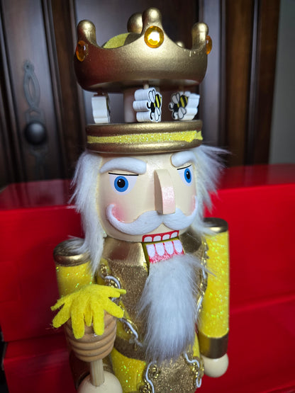 Bee Nutcracker 14 Inch, Busy Bees at Work Farmhouse Christmas Decor, Glitter Gold Figurine