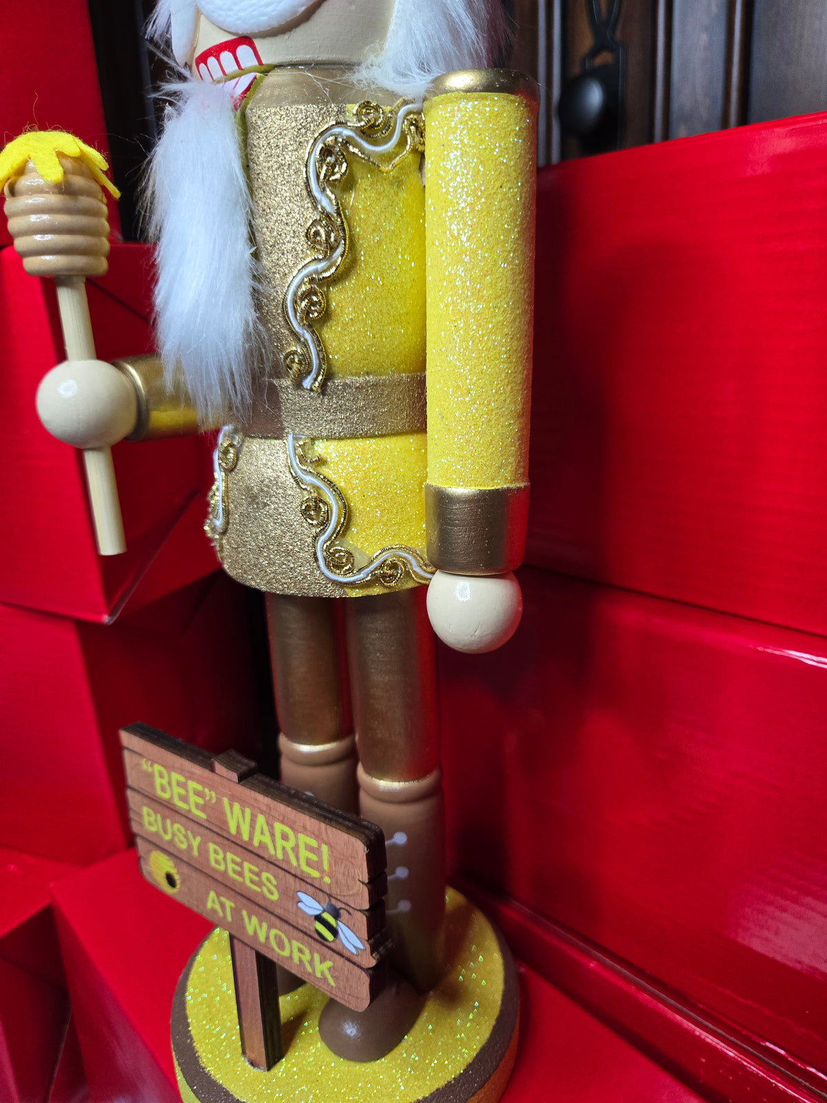 Bee Nutcracker 14 Inch, Busy Bees at Work Farmhouse Christmas Decor, Glitter Gold Figurine
