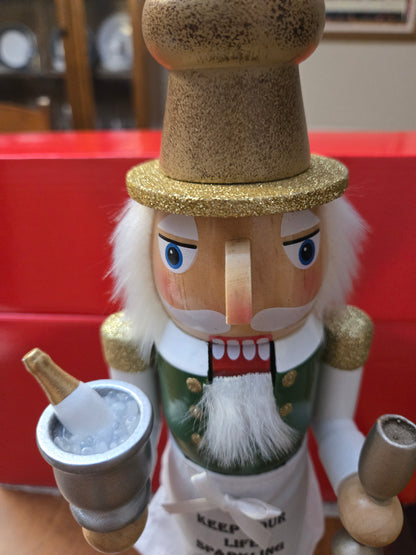 Glitter Champagne Toast Nutcracker, Green Gold Bar Display Figurine (14 inch)