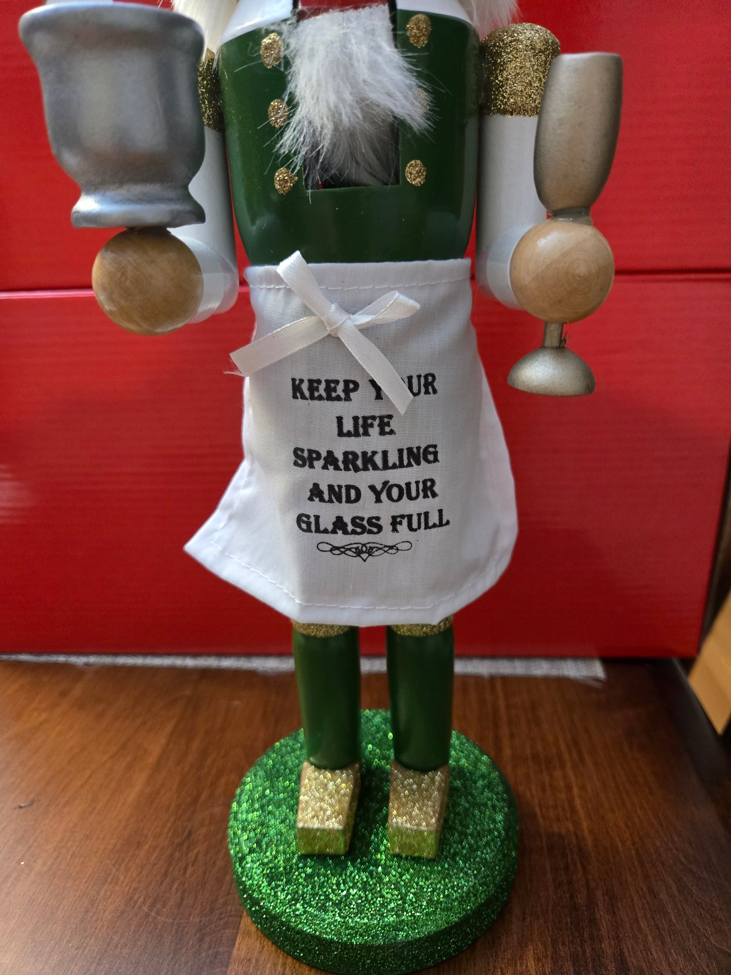 Glitter Champagne Toast Nutcracker, Green Gold Bar Display Figurine (14 inch)