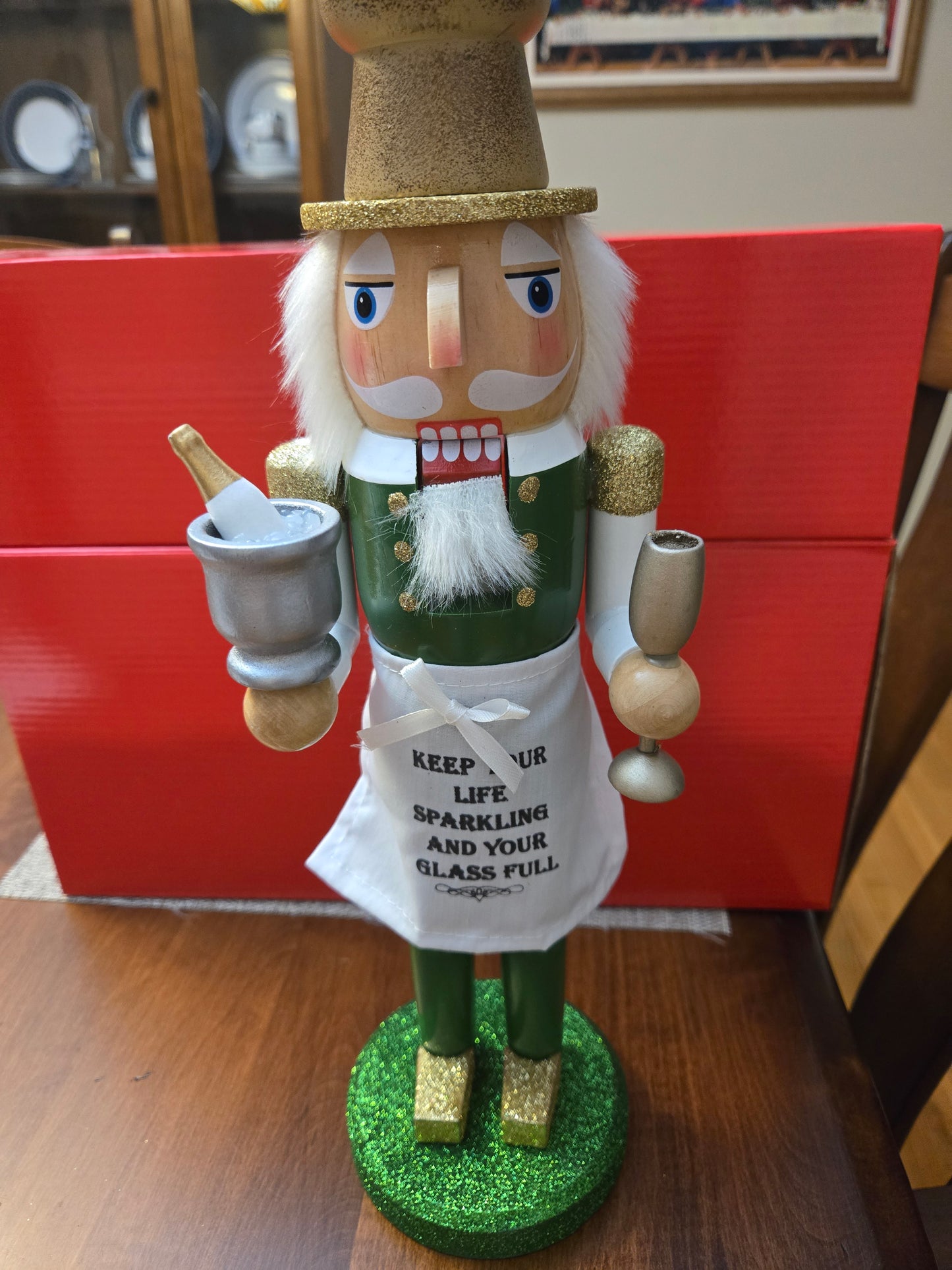 Glitter Champagne Toast Nutcracker, Green Gold Bar Display Figurine (14 inch)