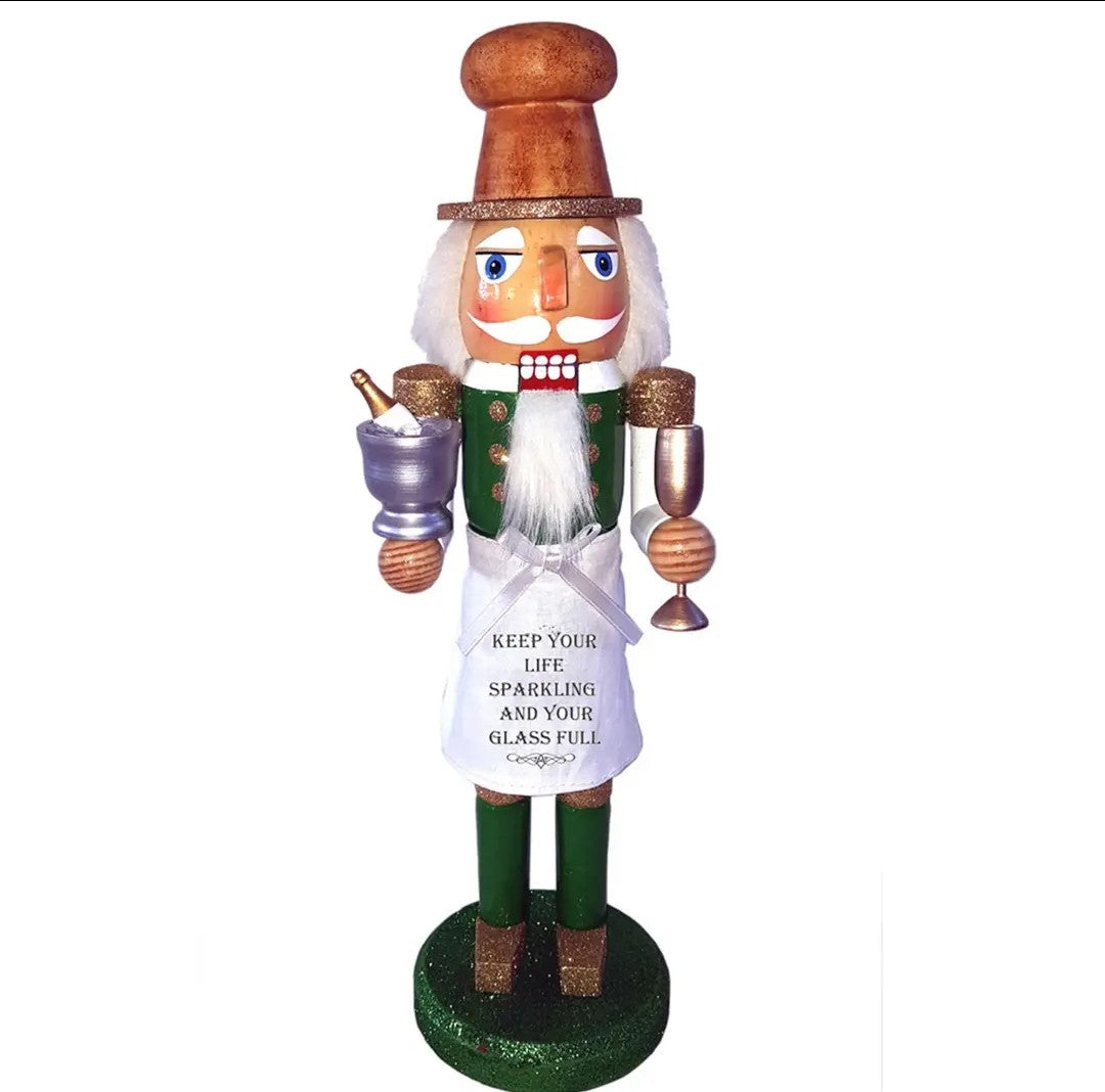 Glitter Champagne Toast Nutcracker, Green Gold Bar Display Figurine (14 inch)