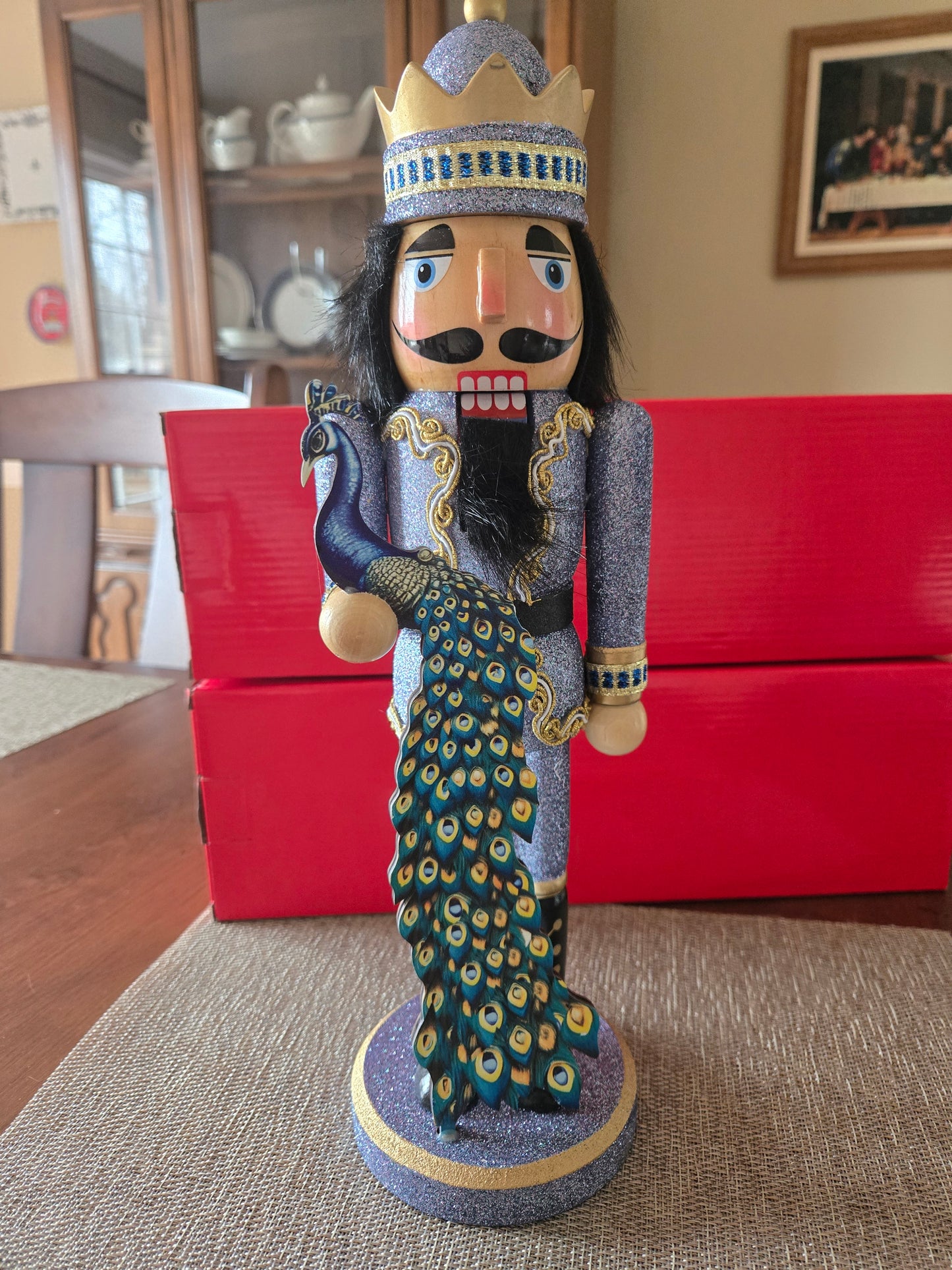 14-inch Glittered Peacock Nutcracker, Blue Gold Christmas Decor Figure