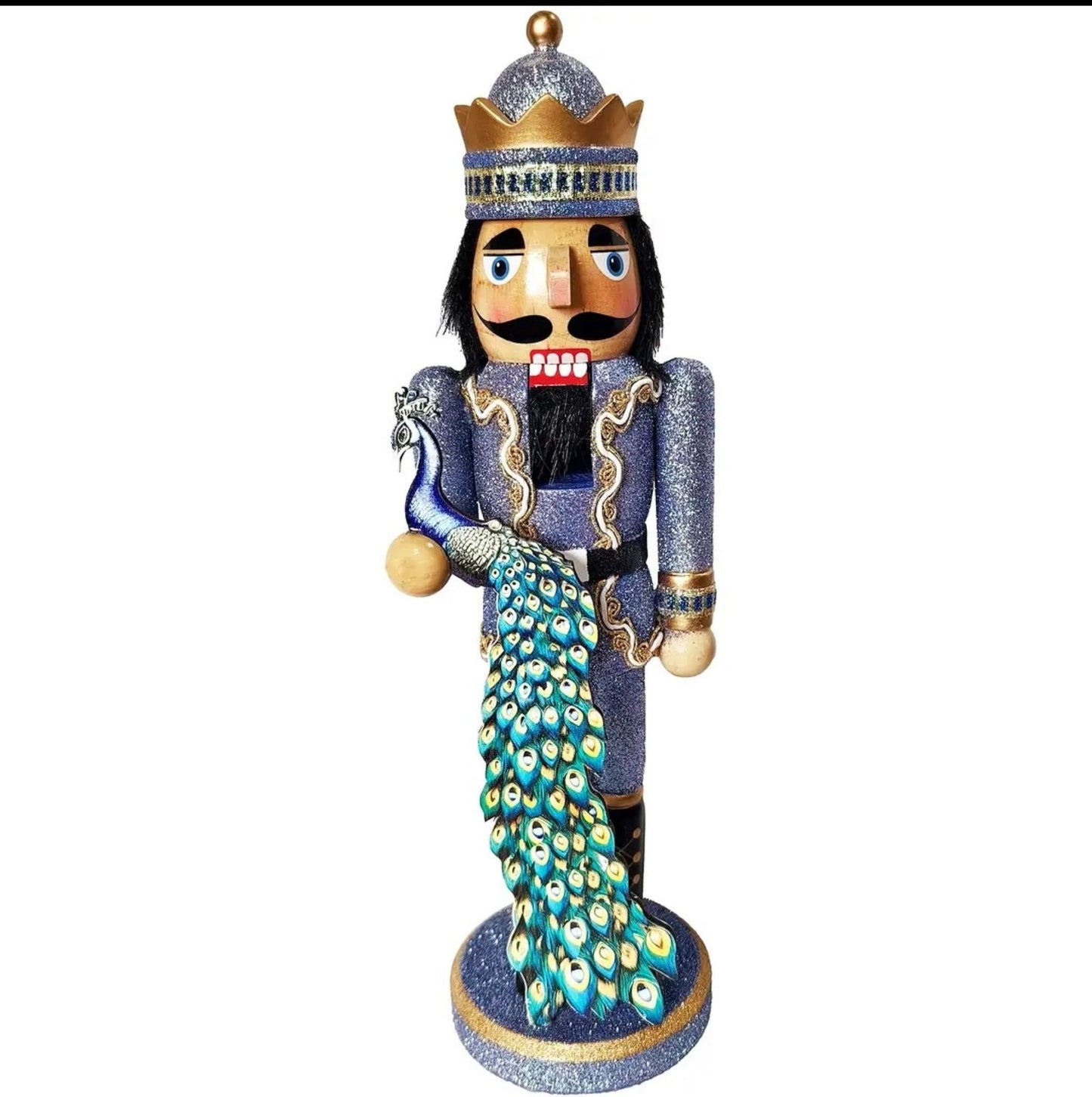 14-inch Glittered Peacock Nutcracker, Blue Gold Christmas Decor Figure