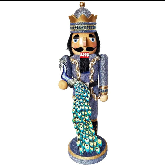 14-inch Glittered Peacock Nutcracker, Blue Gold Christmas Decor Figure