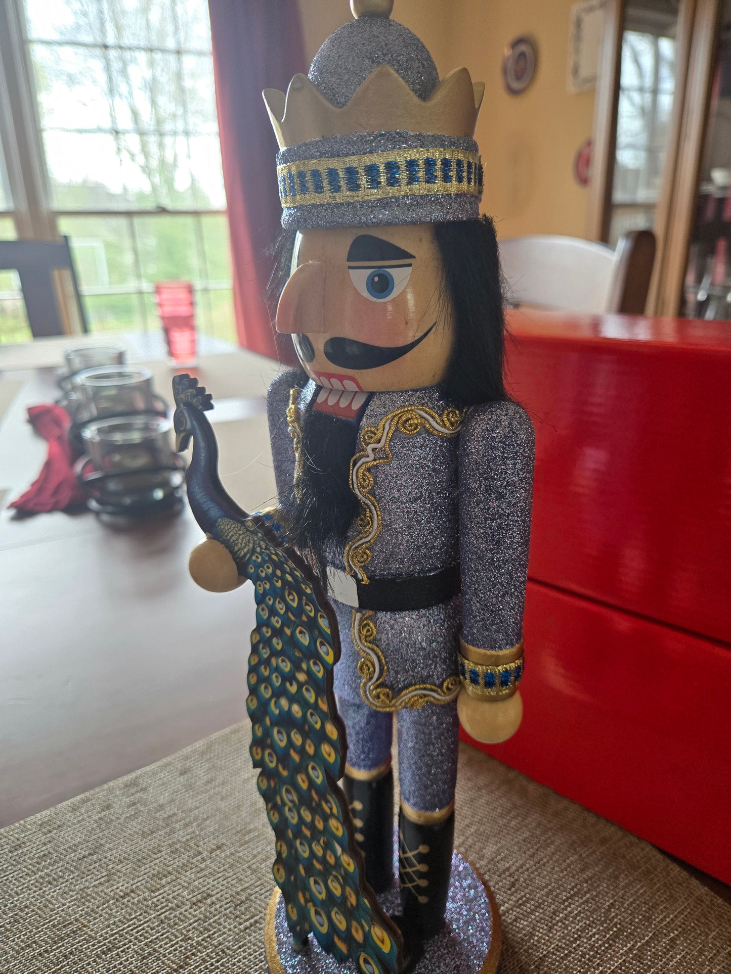 14-inch Glittered Peacock Nutcracker, Blue Gold Christmas Decor Figure