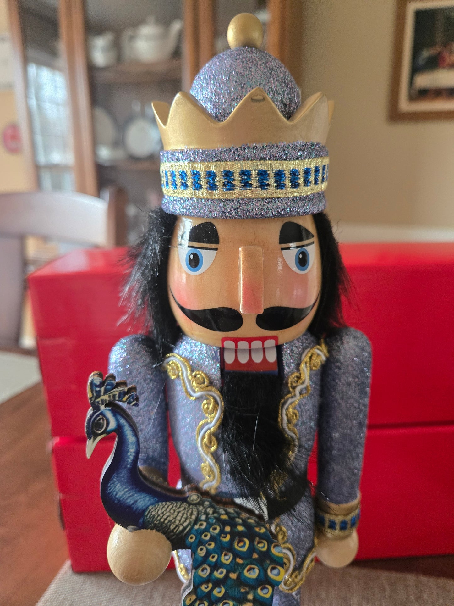 14-inch Glittered Peacock Nutcracker, Blue Gold Christmas Decor Figure
