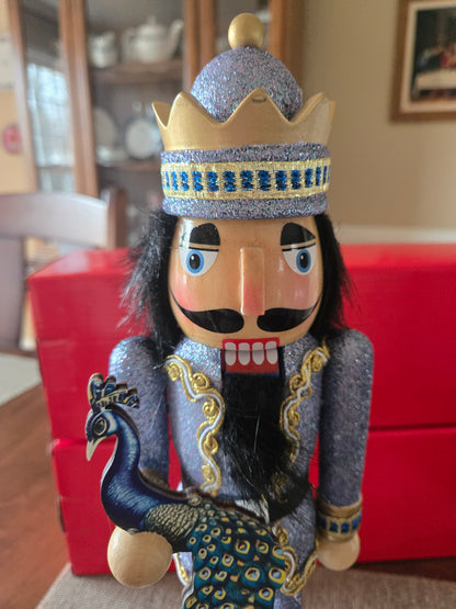 14-inch Glittered Peacock Nutcracker, Blue Gold Christmas Decor Figure