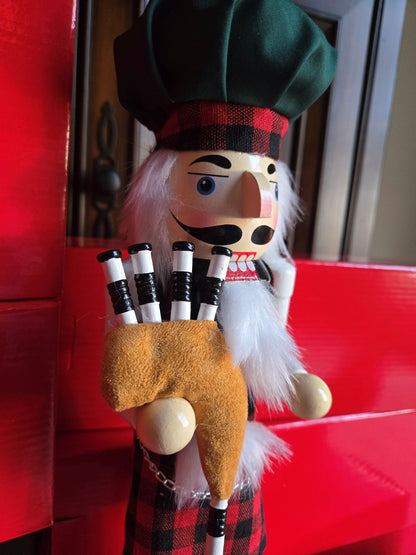 Scottish Nutcracker with Bagpipes - 14" Wooden Figure, Highlands Christmas Decor