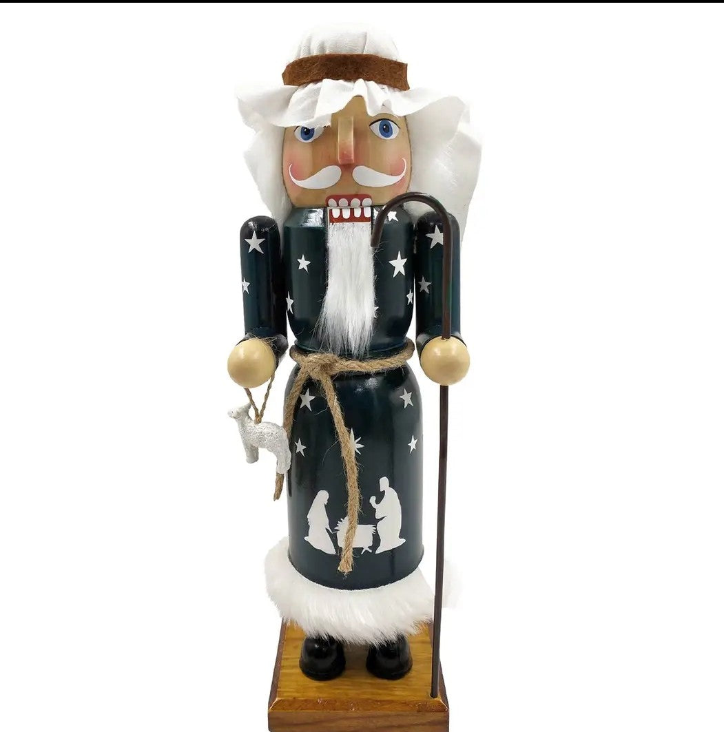 Shepherd Nutcracker 14” Wooden Decor | Nativity Shepherd w/ Staff & Lamb Rustic Farmhouse Mantel