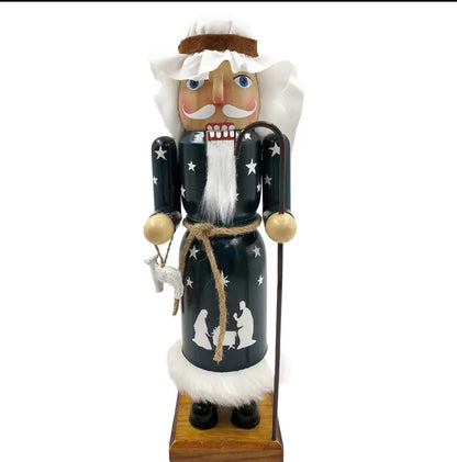 Shepherd Nutcracker 14” Wooden Decor | Nativity Shepherd w/ Staff & Lamb Rustic Farmhouse Mantel