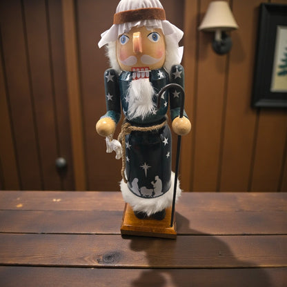 Shepherd Nutcracker 14” Wooden Decor | Nativity Shepherd w/ Staff & Lamb Rustic Farmhouse Mantel