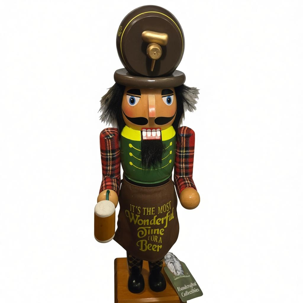 Handcrafted Wooden Nutcracker Beer Barrel – Festive Holiday Decor