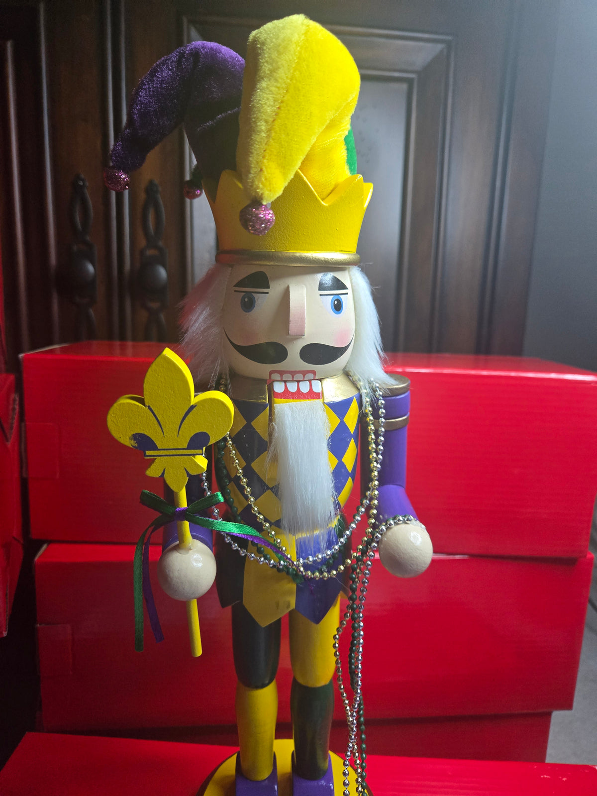 Mardi Gras Jester Nutcracker | Purple Green Gold Decor | Fleur-de-Lis Staff + Beads | Carnival / Louisiana Decor