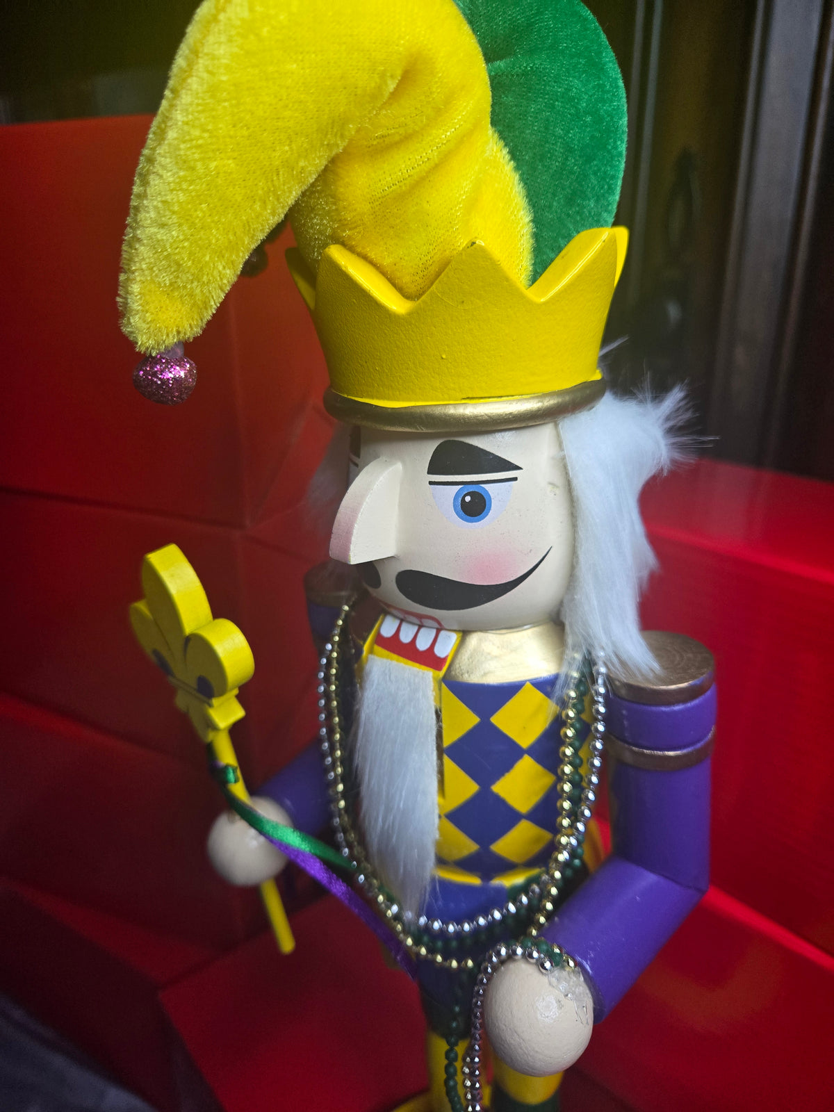Mardi Gras Jester Nutcracker | Purple Green Gold Decor | Fleur-de-Lis Staff + Beads | Carnival / Louisiana Decor