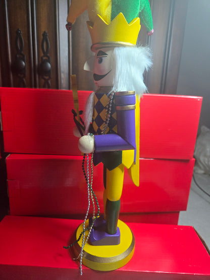 Mardi Gras Jester Nutcracker | Purple Green Gold Decor | Fleur-de-Lis Staff + Beads | Carnival / Louisiana Decor