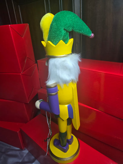 Mardi Gras Jester Nutcracker | Purple Green Gold Decor | Fleur-de-Lis Staff + Beads | Carnival / Louisiana Decor