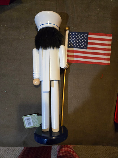 Military Navy 14" Nutcracker with American Flag – Patriotic Sailor Handcrafted Wooden Decor, Nautical Gift