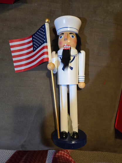Military Navy 14" Nutcracker with American Flag – Patriotic Sailor Handcrafted Wooden Decor, Nautical Gift