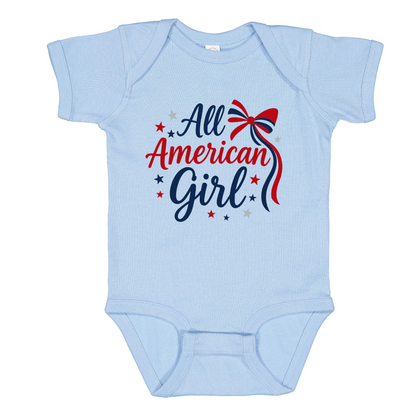 All American Girl Bodysuit, Patriotic Red White Blue Baby Outfit, Rabbit Skins Infant Summer