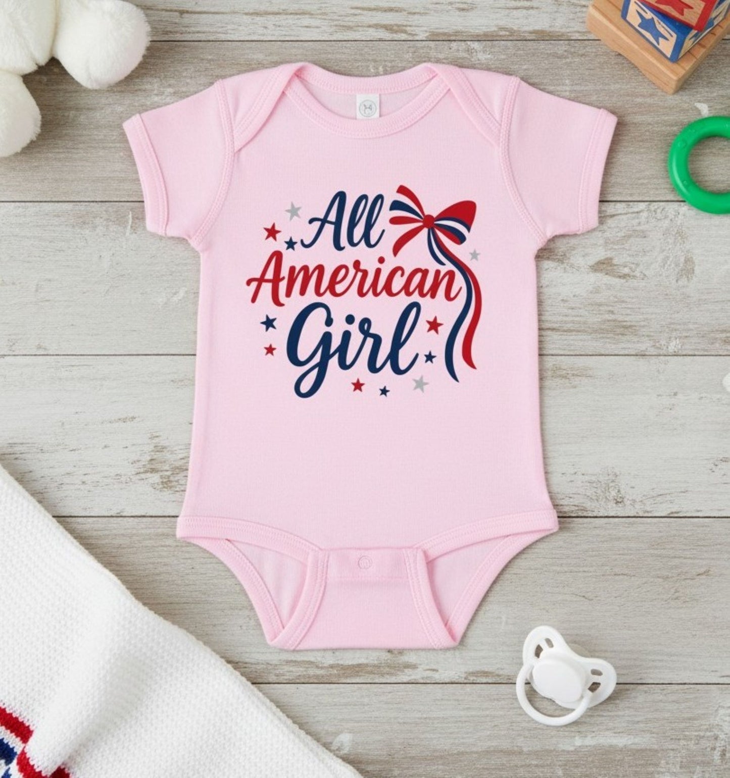 All American Girl Bodysuit, Patriotic Red White Blue Baby Outfit, Rabbit Skins Infant Summer