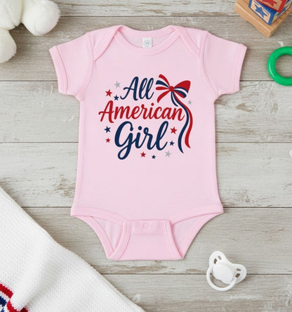 All American Girl Bodysuit, Patriotic Red White Blue Baby Outfit, Rabbit Skins Infant Summer