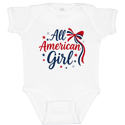 All American Girl Bodysuit, Patriotic Red White Blue Baby Outfit, Rabbit Skins Infant Summer