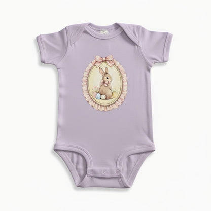 Baby Girl Easter Onesie | Vintage Bunny Cameo Bodysuit, Lavender Spring Outfit