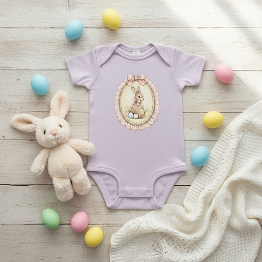 Baby Girl Easter Onesie | Vintage Bunny Cameo Bodysuit, Lavender Spring Outfit