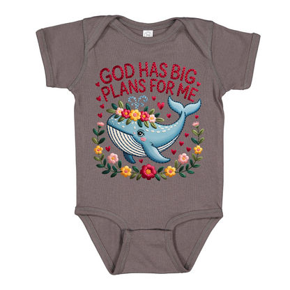 Sweet Whale Bodysuit, Floral Wreath, Faux Stitched Bible Verse Design