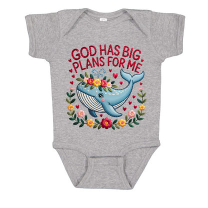 Sweet Whale Bodysuit, Floral Wreath, Faux Stitched Bible Verse Design