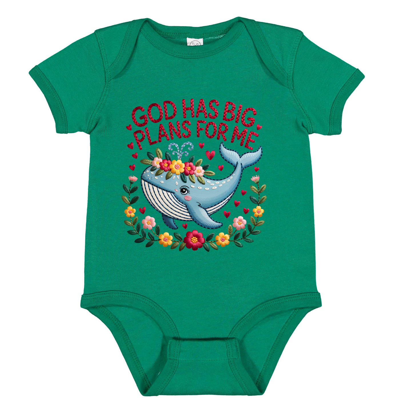 Sweet Whale Bodysuit, Floral Wreath, Faux Stitched Bible Verse Design