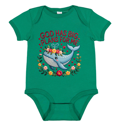 Sweet Whale Bodysuit, Floral Wreath, Faux Stitched Bible Verse Design