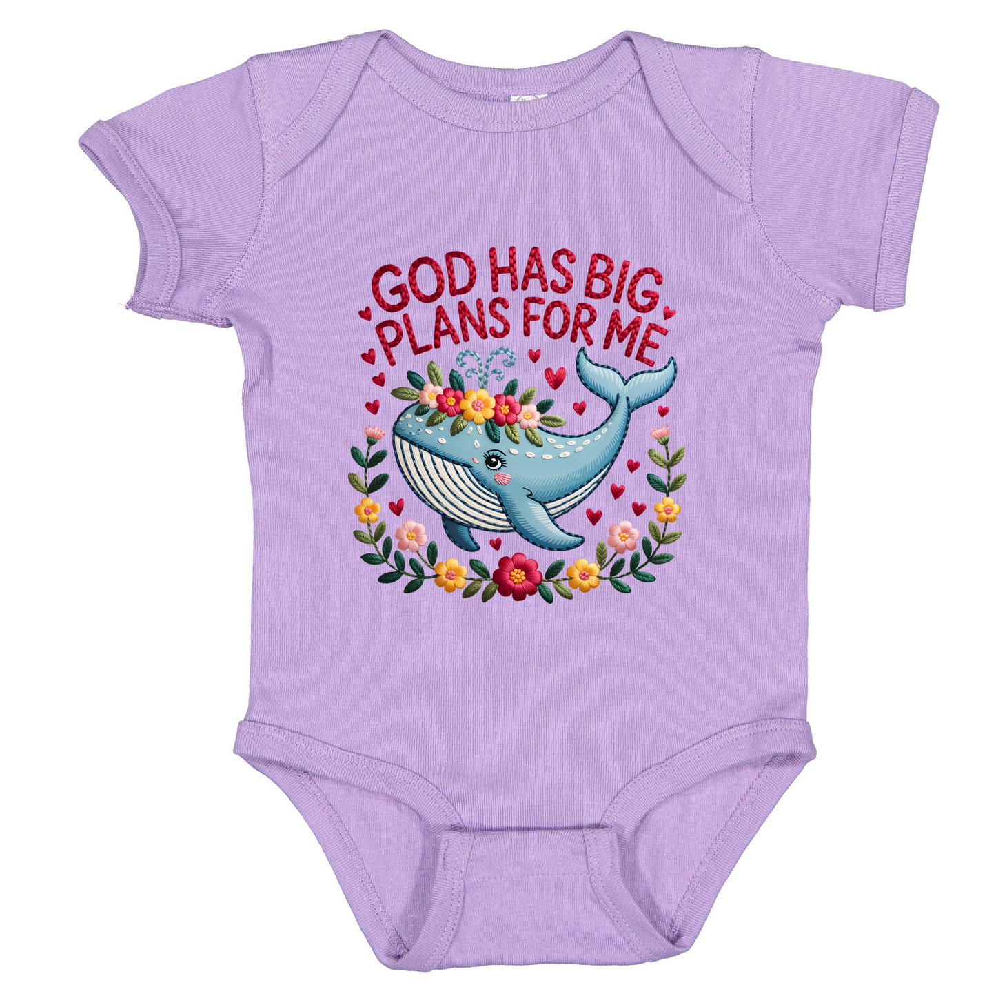 Sweet Whale Bodysuit, Floral Wreath, Faux Stitched Bible Verse Design