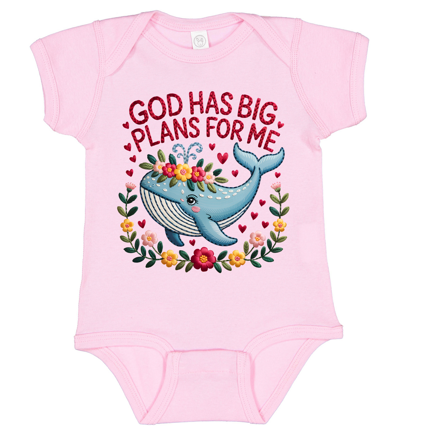 Sweet Whale Bodysuit, Floral Wreath, Faux Stitched Bible Verse Design
