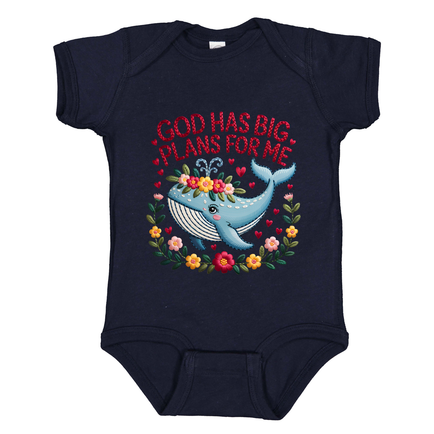 Sweet Whale Bodysuit, Floral Wreath, Faux Stitched Bible Verse Design