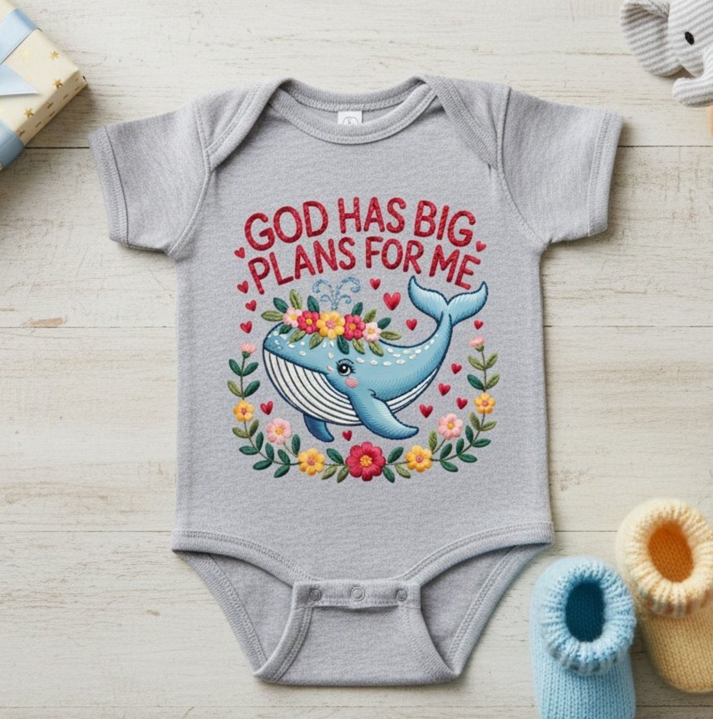 Sweet Whale Bodysuit, Floral Wreath, Faux Stitched Bible Verse Design