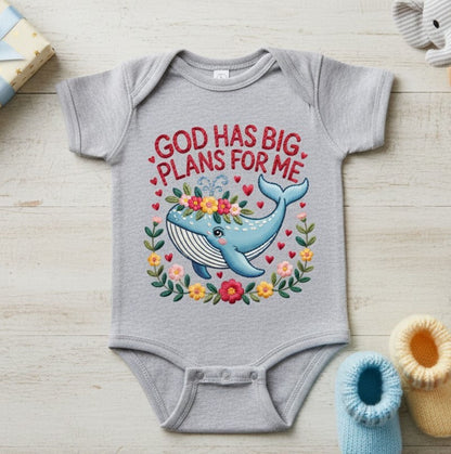 Sweet Whale Bodysuit, Floral Wreath, Faux Stitched Bible Verse Design